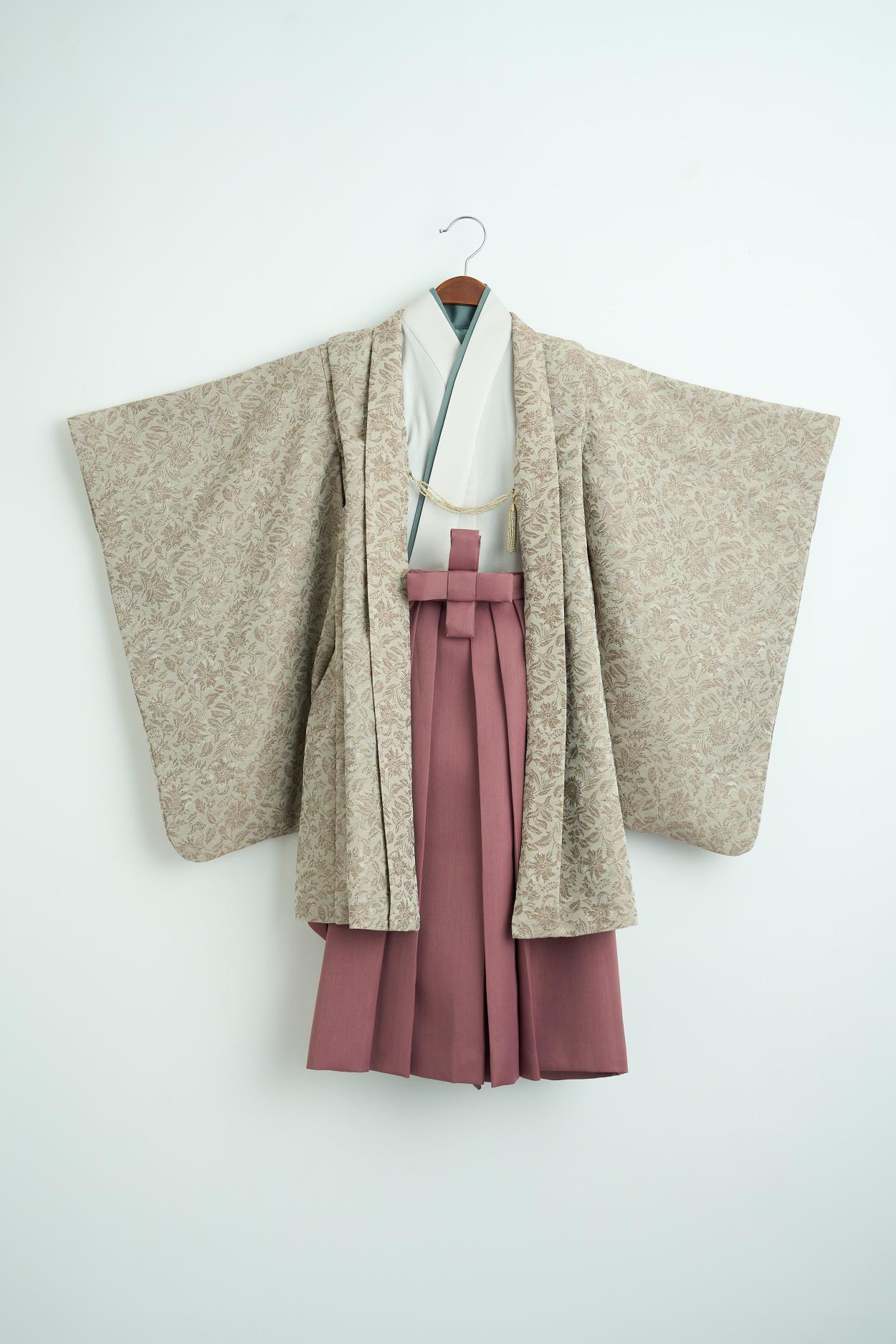 七五三　５歳　男の子着物（モスグレー×エンジ）