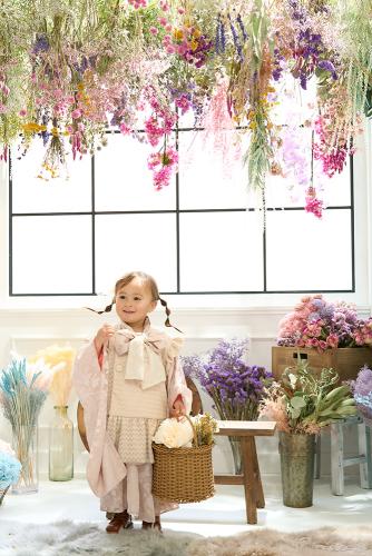 七五三　３歳　女の子着物（ベージュ×ピンク）